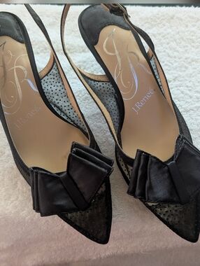 J.Renee Black Pointed-Toe Slingback Heels with Bow Accent.